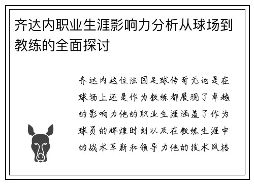 齐达内职业生涯影响力分析从球场到教练的全面探讨