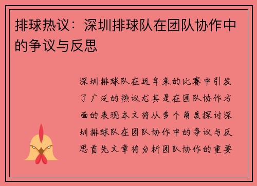 排球热议：深圳排球队在团队协作中的争议与反思